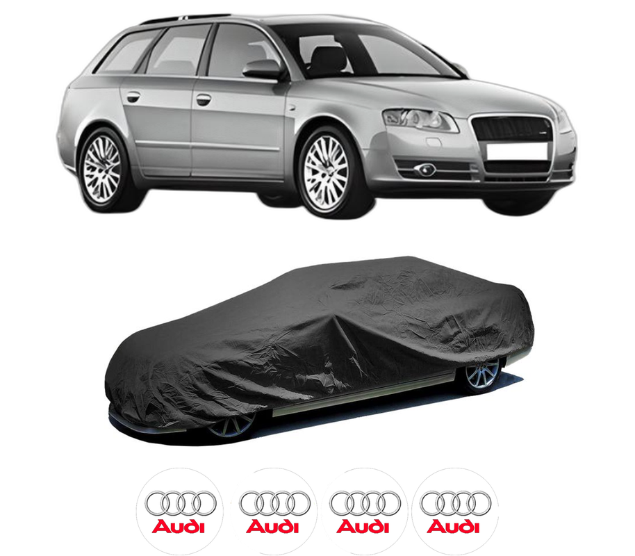 Husa tip prelata auto pentru AUDI A4 B7 Avant (8ED) din 2004-2008, Culoare Negru, material textil impermeabil, rezistanta la intemperii praf UV, CARPASSION Husa Protectie, 4 Stickere auto cu AUDI