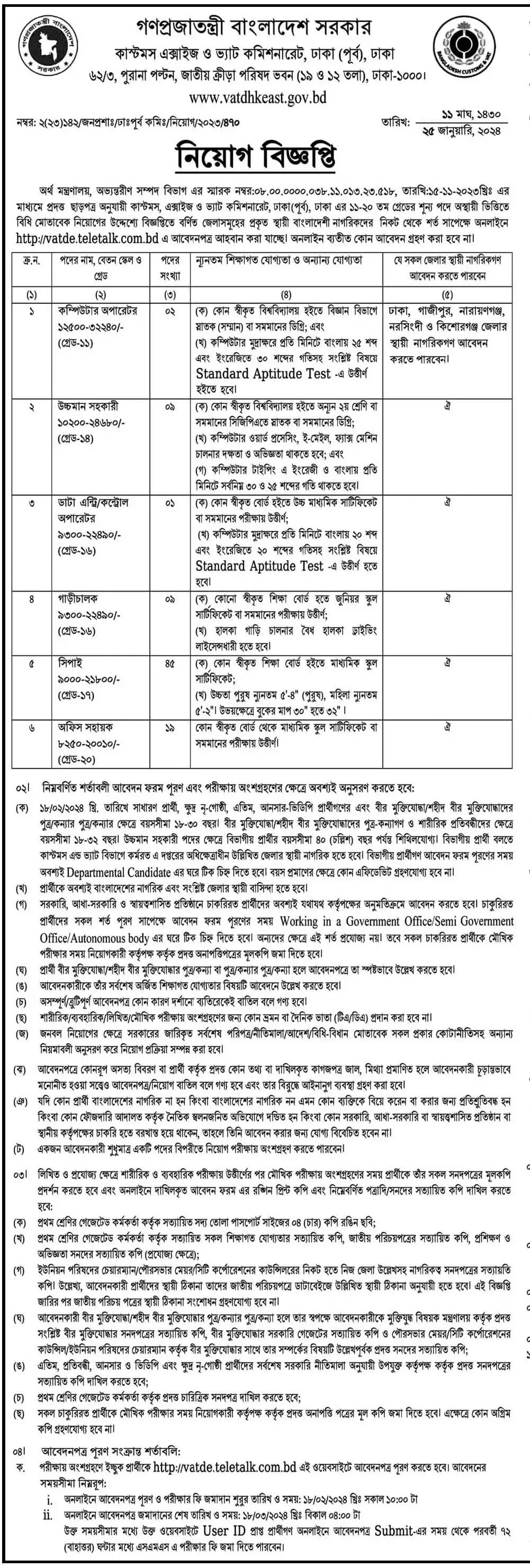 Customs Excise & VAT Commissionerate Dhaka job Circular 2024