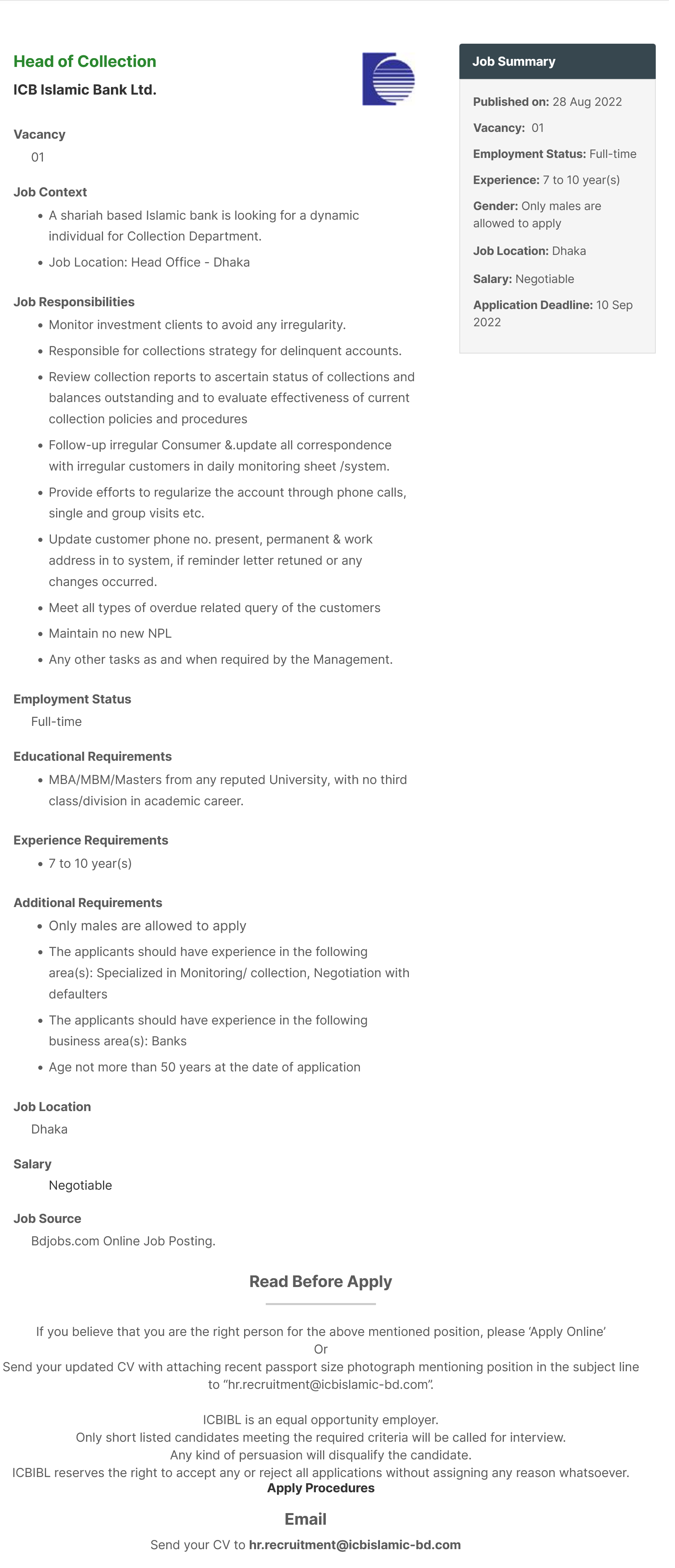 ICB Islamic Bank Job Circular 2022