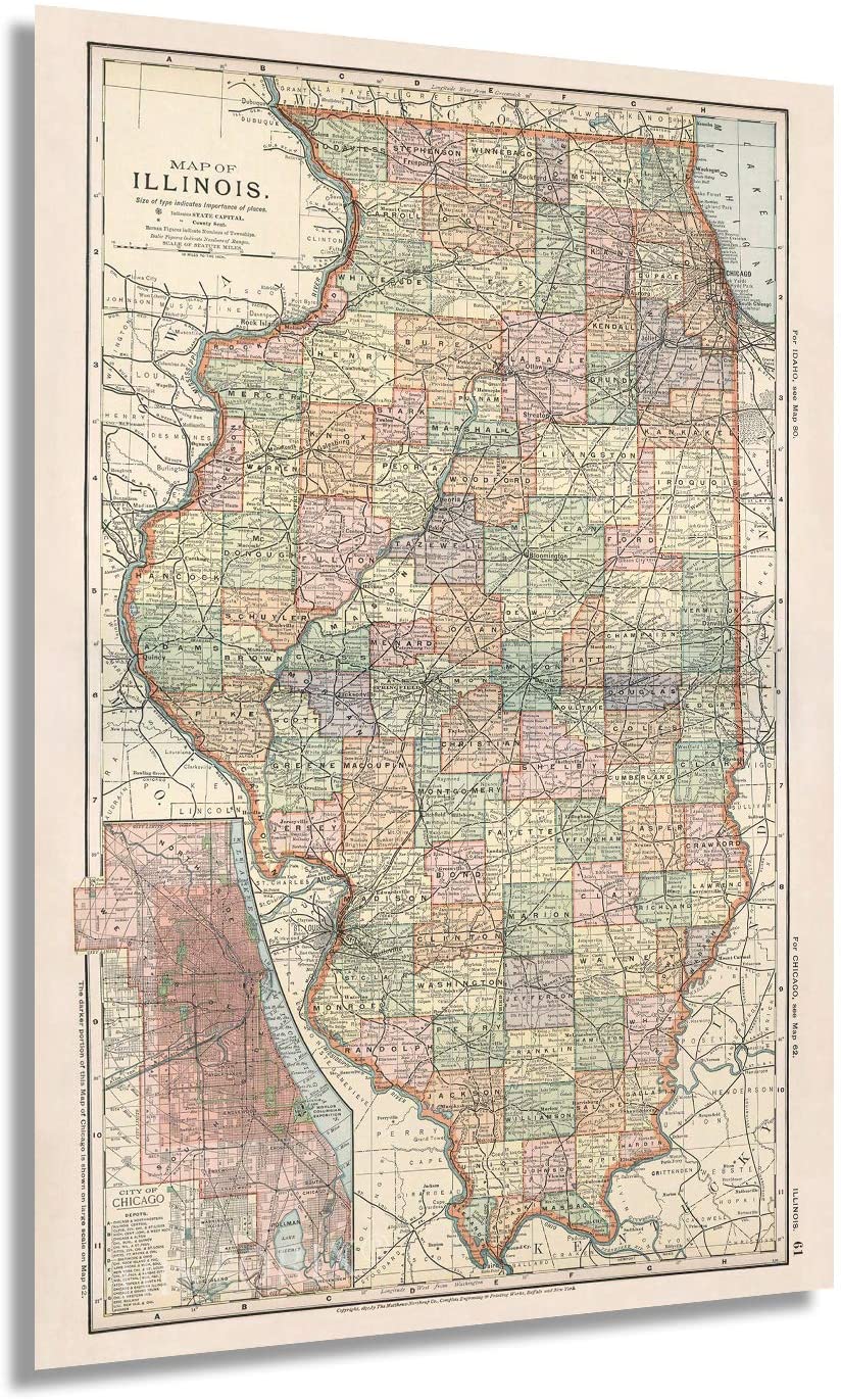 1891 Map of Illinois with Closeup of City of Chicago – Vintage Chicago Wall Art