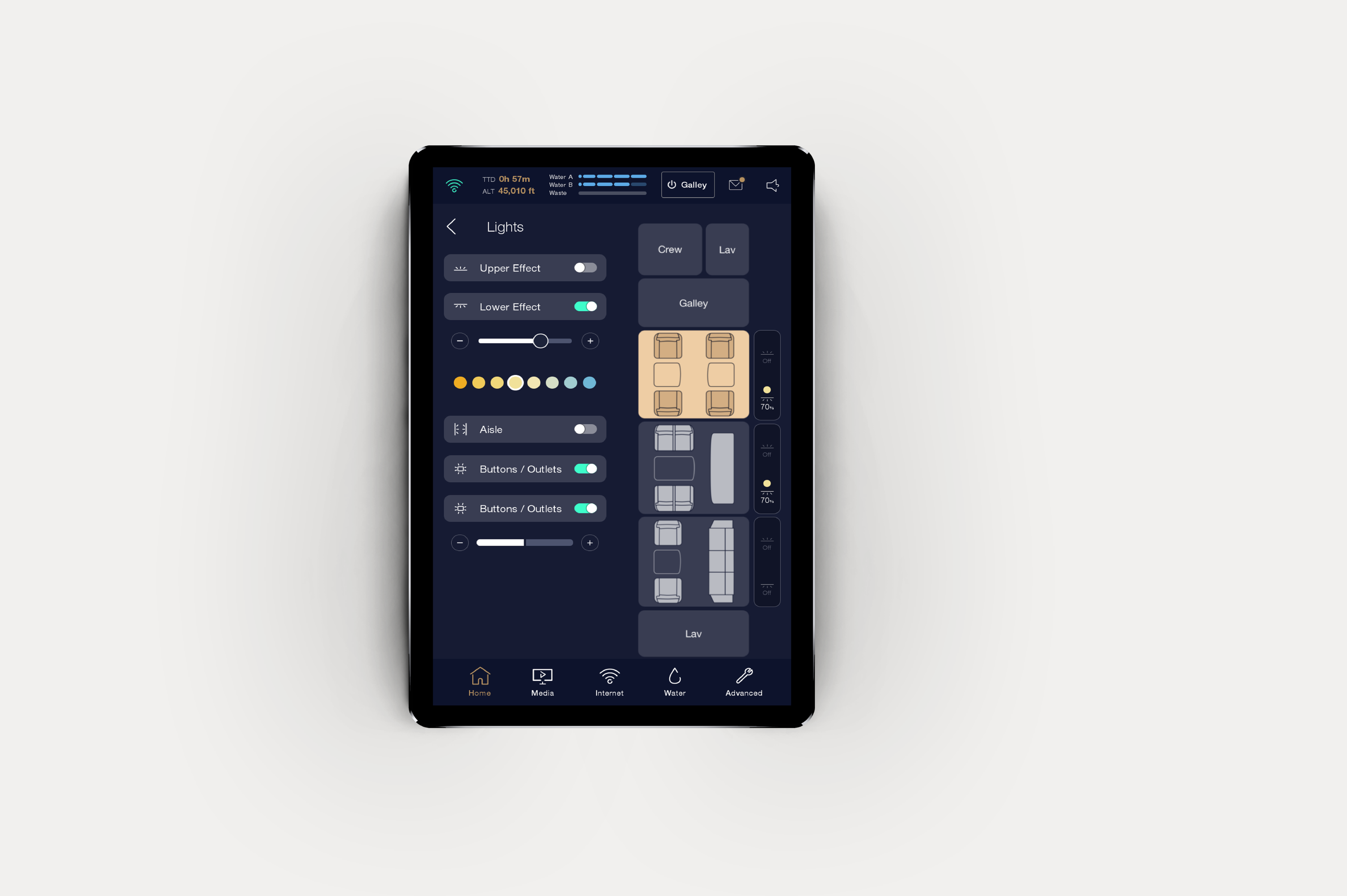 GTS Lighting Controls — crew interface showing Upper/Lower Effect, color temperature swatch and zone floor plan