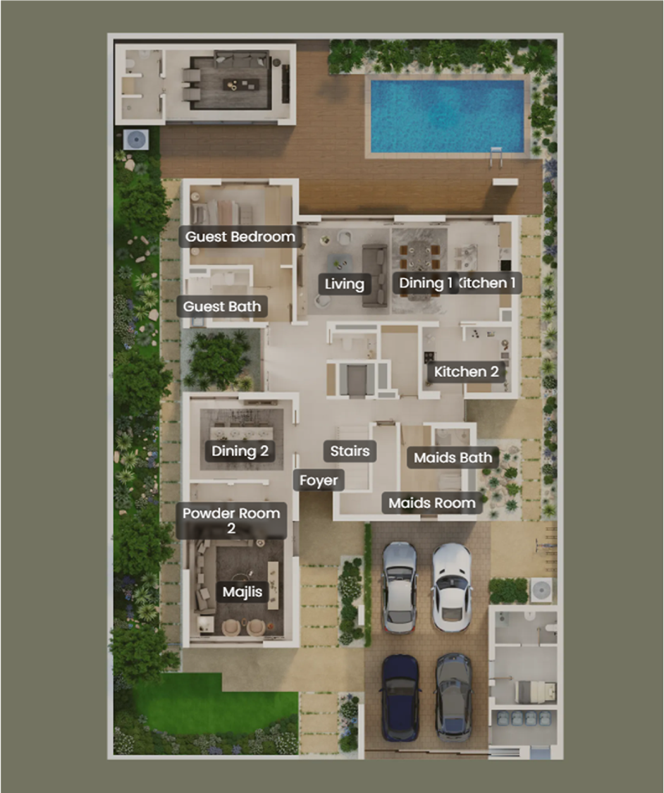 Al Sidr Distress Deal 5-bedroom villa floorplan layout showing ground floor arrangement with majlis, guest room, living areas and functional space planning