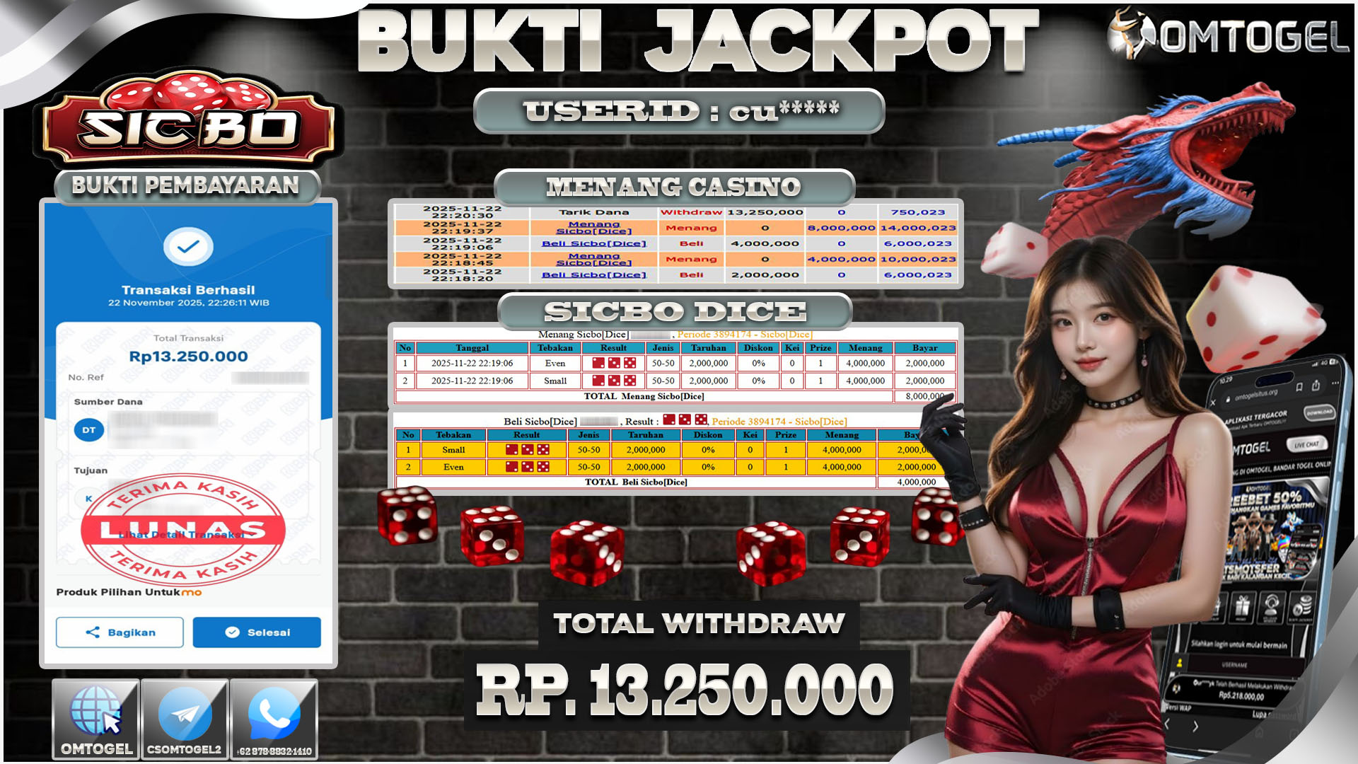 OMTOGEL JACKPOT LIVE GAMES SICBO DICE ,13 JUTA DI BAYAR LUNAS ,-