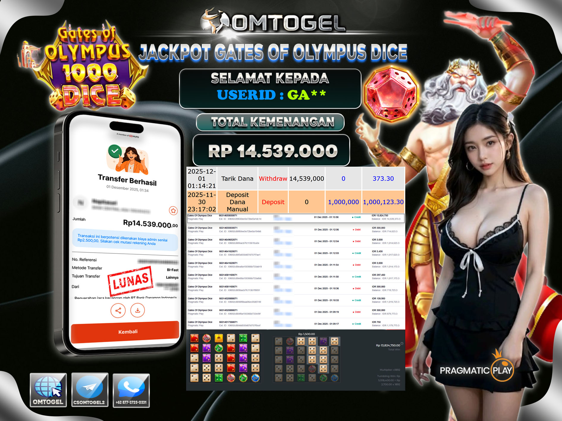 OMTOGEL JACKPOT PRAGMATIC PLAY GATES OF OLYMPUS DICE ,14 JUTA DI BAYAR LUNAS ,-