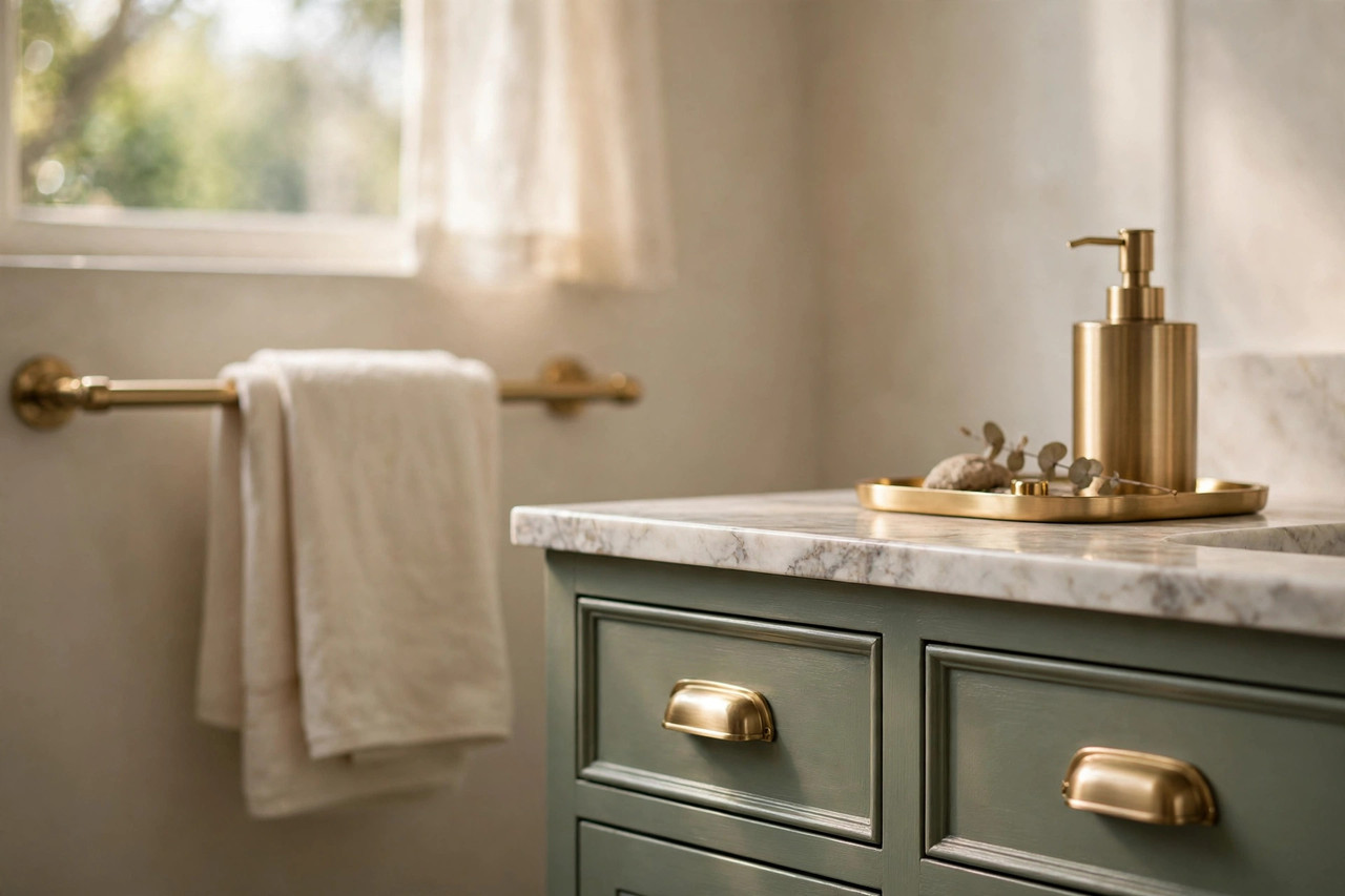 Brass towel bar, cabinet pulls and soap dispenser styled on a bathroom vanity