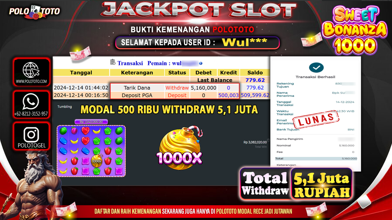 POLOTOTO JACKPOT SLOT SWEET BONANZA 1000 Rp.5,160.000,-