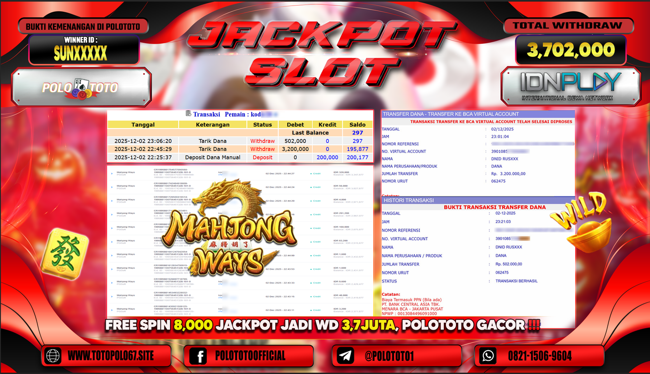 POLOTOTO JACKPOT SLOT MAHJONG WAYS Rp.3.702.000,- LUNAS