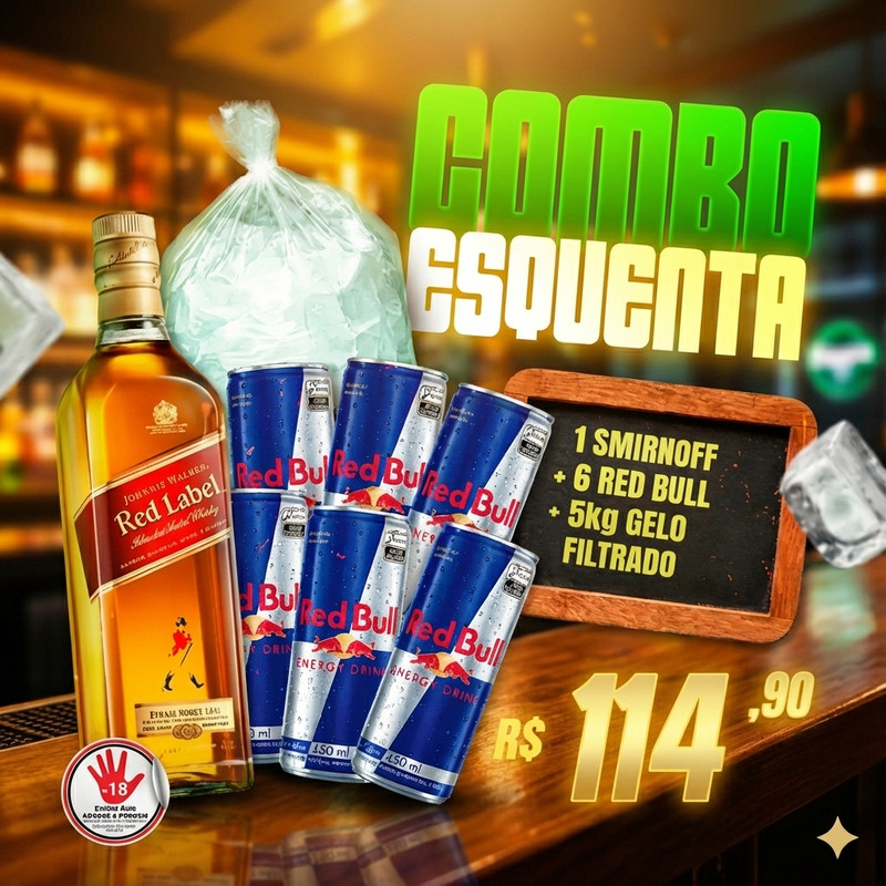 Combo Red Label Whisky Red Label 1L + 6 Red Bull 250ml + Gelo 3KG