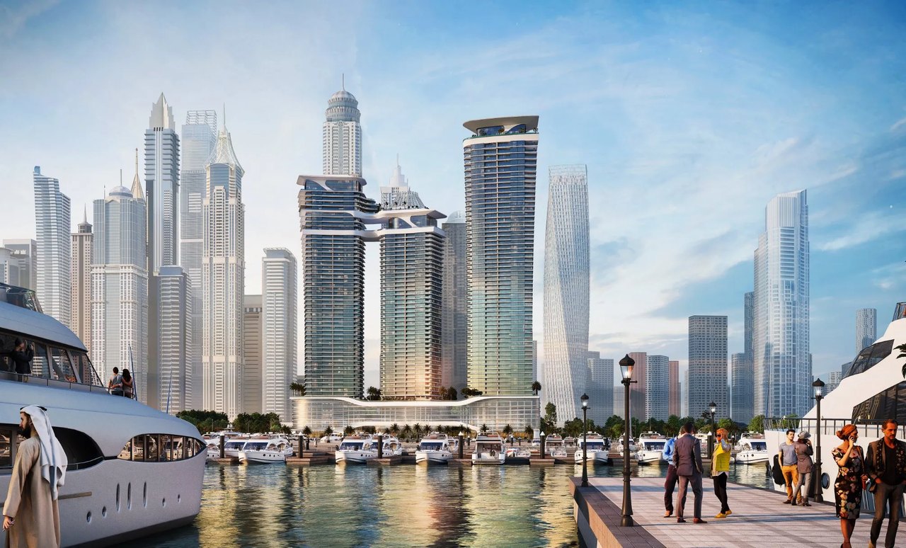 Exterior architectural rendering of Sobha SeaHaven - Tower C luxury skyscraper on Dubai Harbour beachfront with sweeping sea views and modern glass facade, highlighting a premium waterfront residence Distress Deal opportunity in Sobha SeaHaven