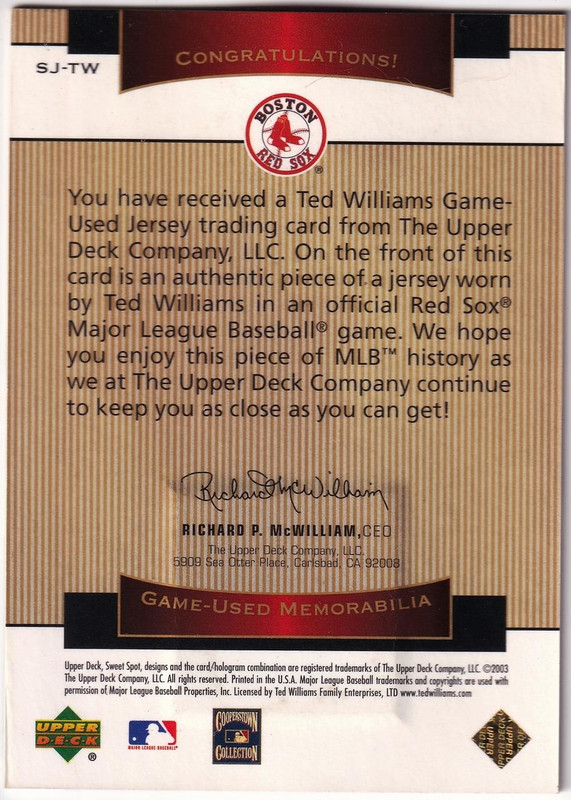 2003 Sweet Spot Classics Game Jersey #TW Ted Williams SP (2)
