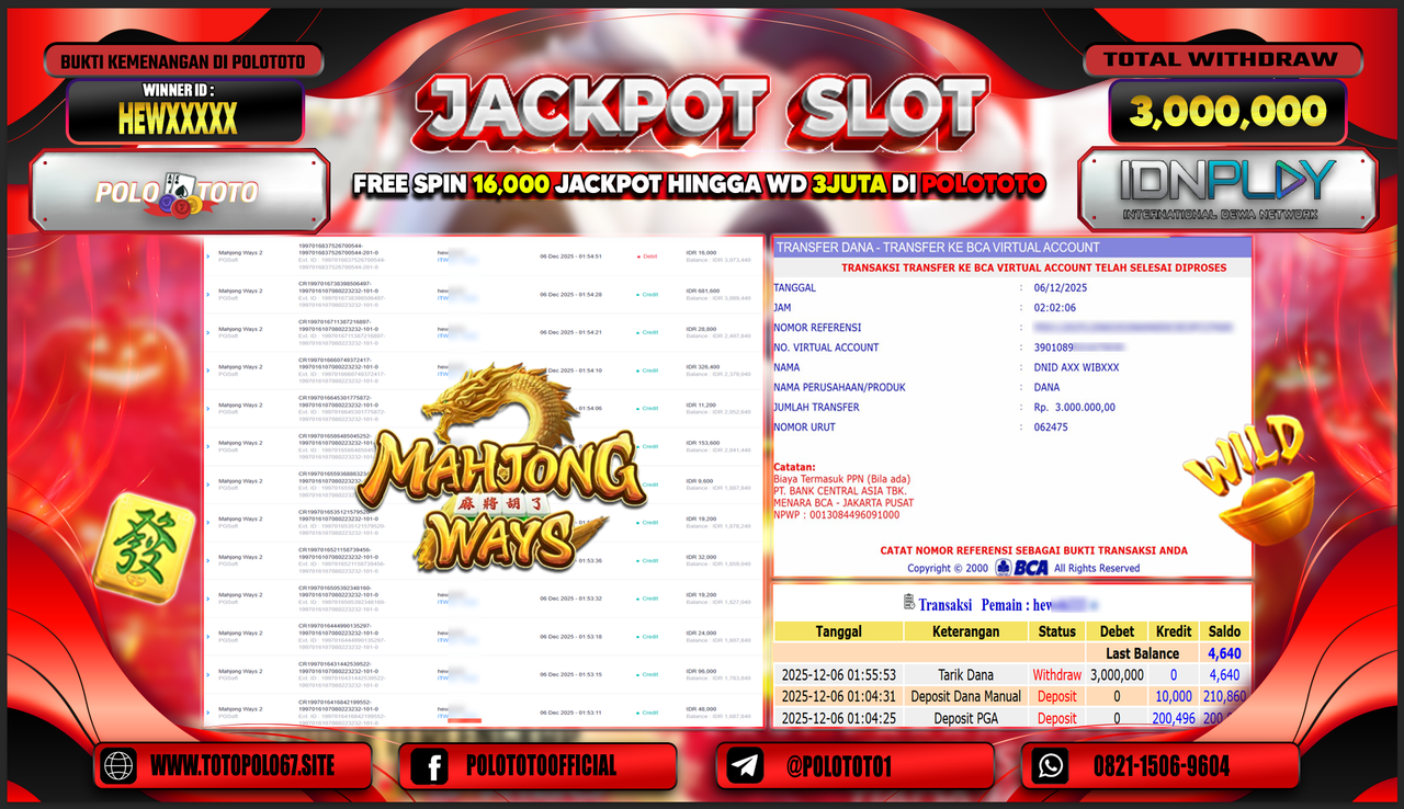 POLOTOTO JACKPOT SLOT MAHJONG WAYS 2 Rp.3.000.000,- LUNAS