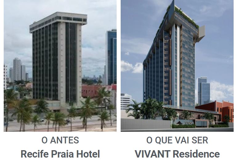Transformação do retrofit: antes e depois do Vivant Residence no antigo Recife Praia Hotel