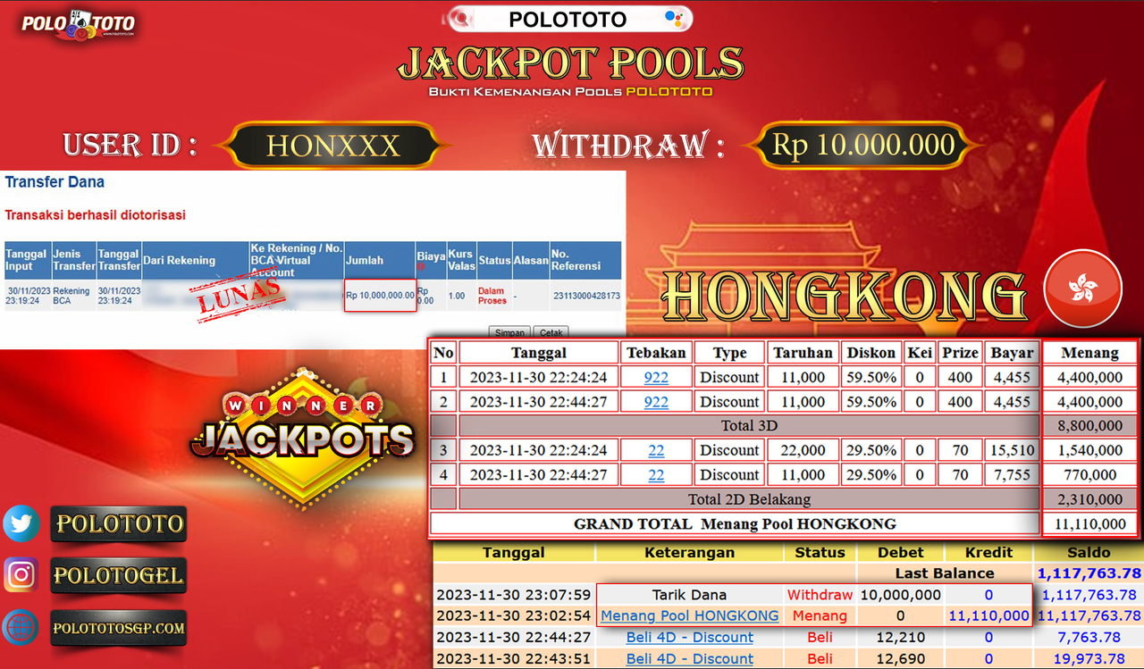 BUKTI PEMBAYARAN JACKPOT DIPOLOTOTO DIBAYAR LUNAS!!!