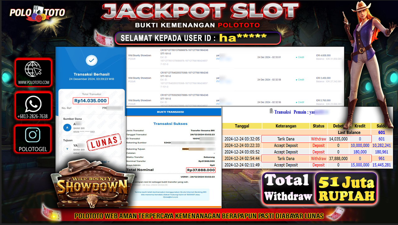 POLOTOTO JACKPOT SLOT WILD BOUNTY SHOWDOWN Rp.51,000.000,-