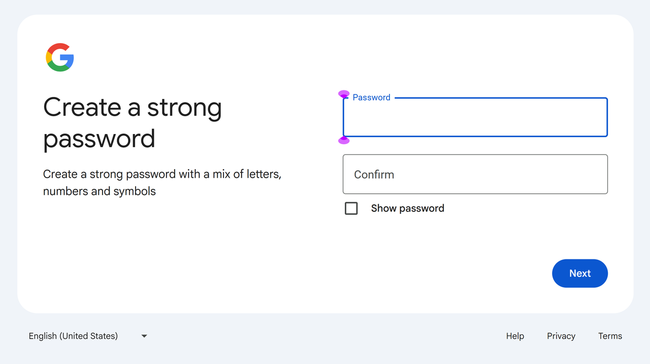 Screenshot of the password creation fields.