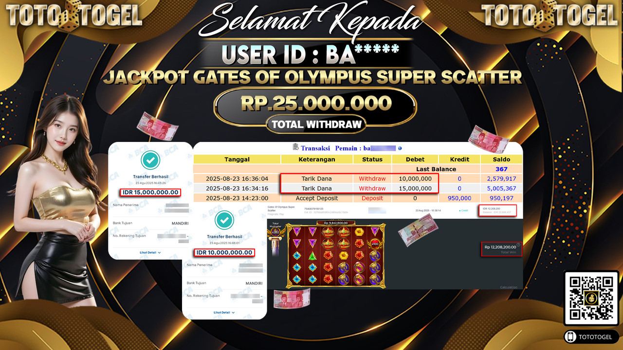 Bukti Pembayaran Jackpot Permainan Slot Gates Of Olympus Super Scatter ID:BA***** LUNAS