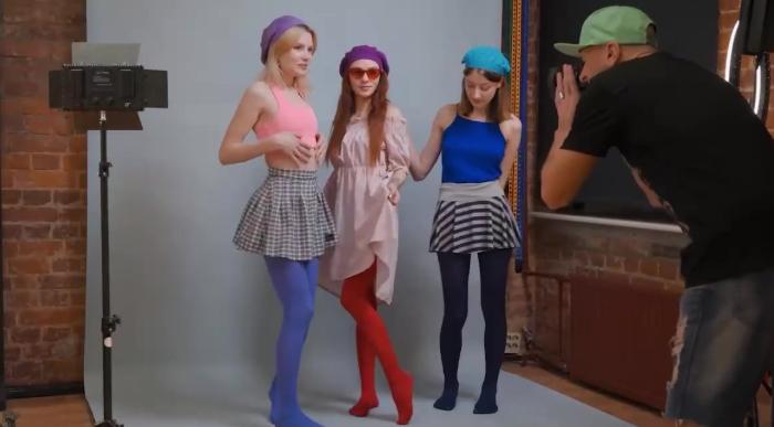 Sweet models suck big cock of pervy photographer and lick each-other's pussies with sweet moans. Three horny girls really like group fucking in the studion