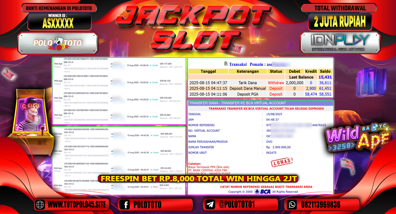 POLOTOTO JACKPOT SLOT WILD APE Rp.2.000.000,-LUNAS