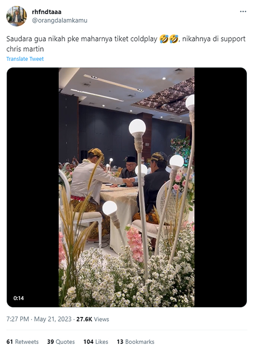 Viral tiket konser Coldplay dijadikan mahar pernikahan.