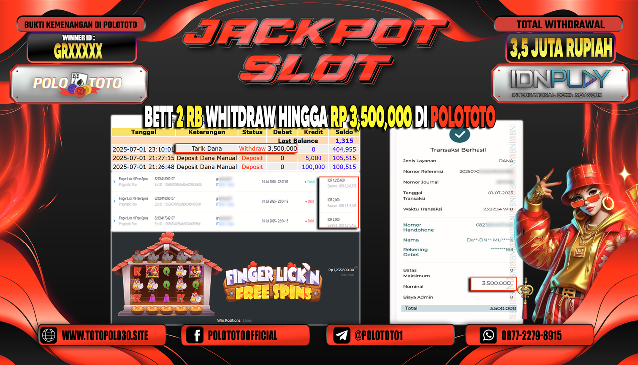 POLOTOTO JACKPOT SLOT FINGER LICK N FREE SPINS Rp.3.500.000,-