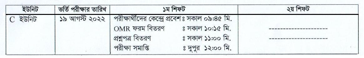 Chittagong University C Unit Exam Date