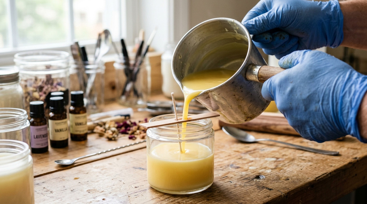 Процесс заливки расплавленного воска из ковша в стеклянную банку для создания свечи