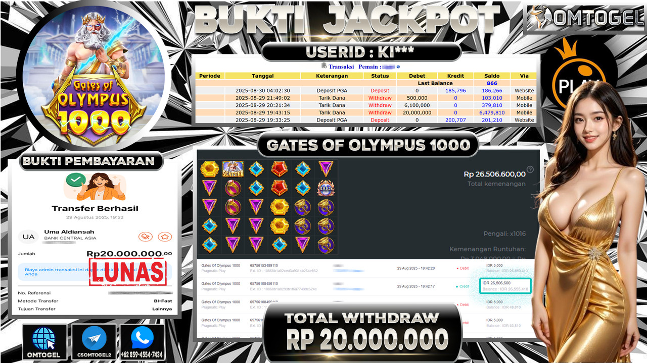 OMTOGEL JACKPOT PRAGMATIC PLAY GATES OF OLYMPUS 1000 20 JUTA DI BAYAR LUNAS ,-