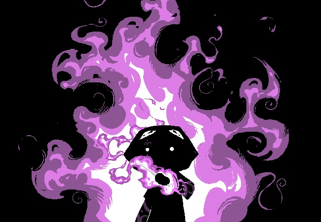 ly'lac bathed in shadow in front of a bunch of magic purple fire