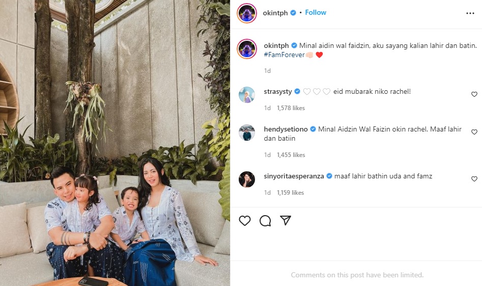 Okin membagikan momen kebersamaan dengan Rachel Vennya dan kedua anak mereka di hari Lebaran.