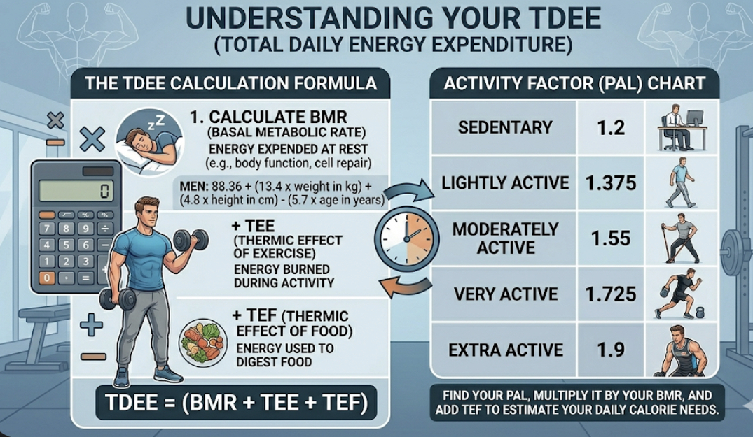 TDEE calculation formula and activity factor chart for calorie calculator for muscle gain and fat loss