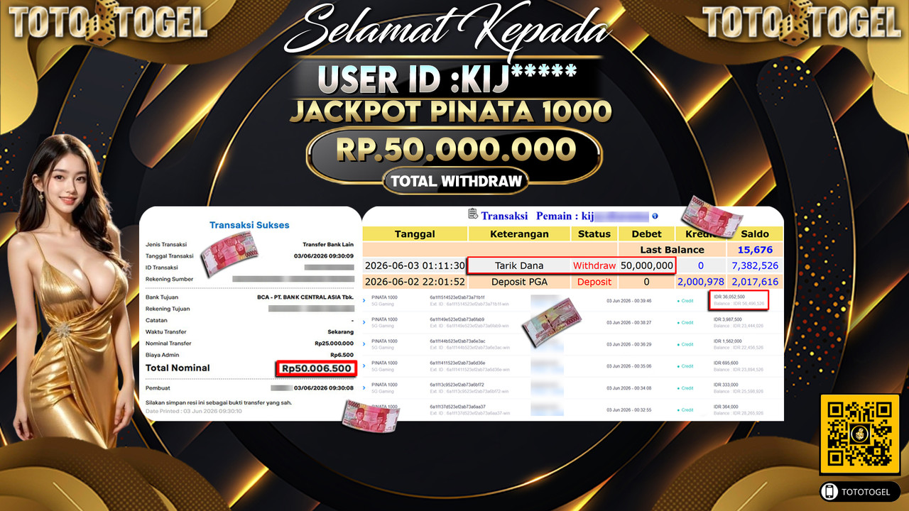 Bukti Pembayaran Jackpot Permainan Slot Pinata 1000 ID:KIJ*****LUNAS