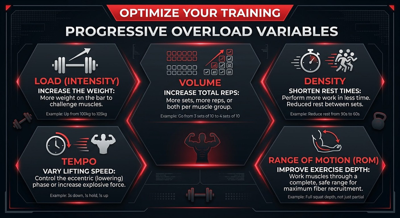 Progressive overload variables infographic for muscle hypertrophy and natural fat loss