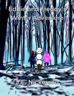 
Two children playing in a snowy forest next to a snowman.