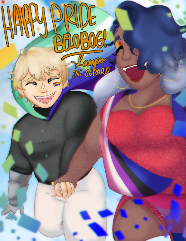 Sampo pulling Gepard along through rainbow confetti