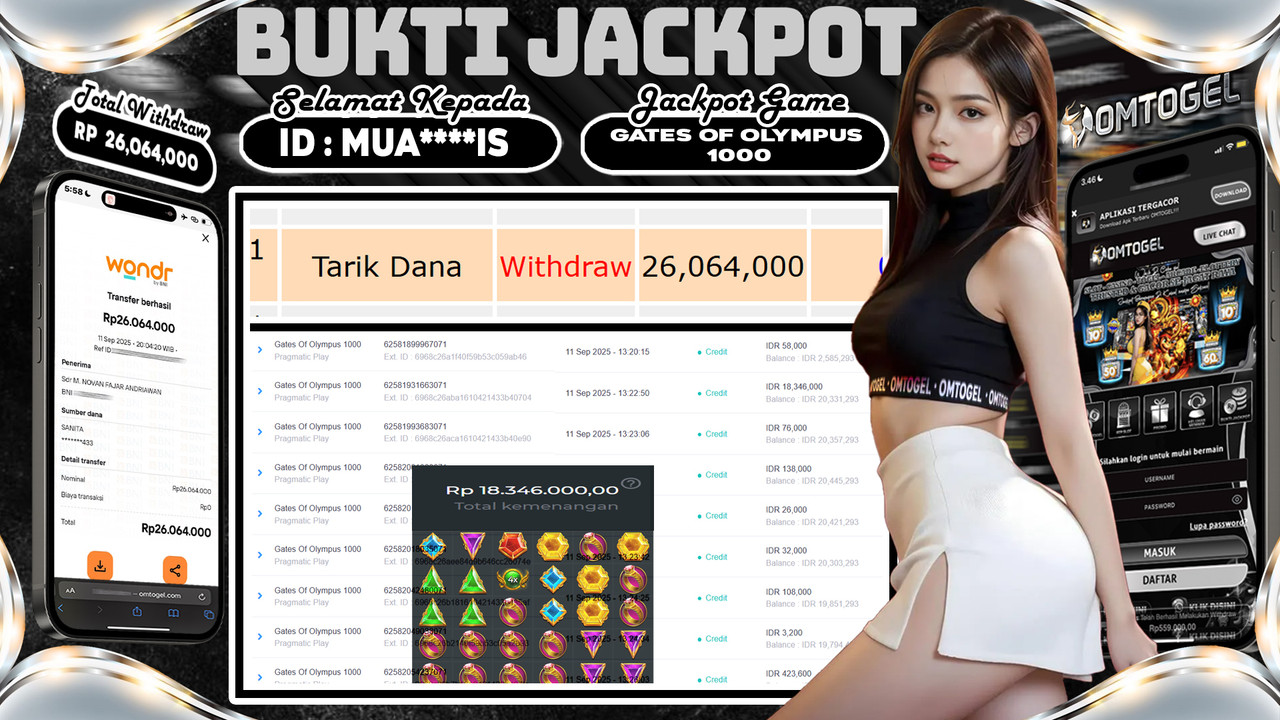 OMTOGEL JACKPOT PRAGMATIC PLAY GATES OF OLYMPUS 1000 26 JUTA DI BAYAR LUNAS ,-