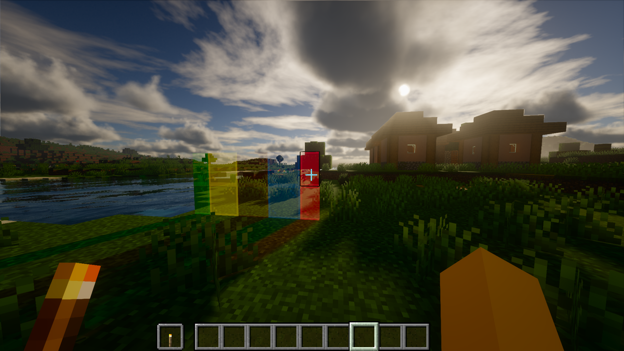 An image showcasing the shader, with dramatic and cloudy skies, a village, and also a showcase of colored glass shadows.