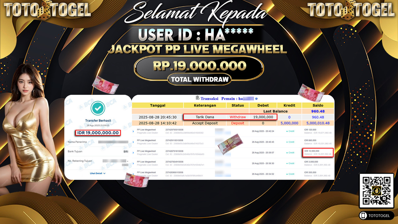 Bukti Pembayaran Jackpot Permainan Pragmatic Live Dealer PP Live Megawheel ID:HA***** LUNAS