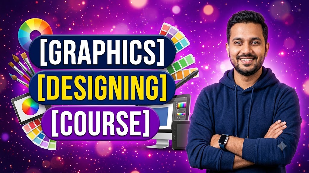 AI-generated example result for the youtube-thumbnail prompt: Graphics Designing Full Course Thumbnail – Creative Design Skills Cosmic Design AI YouTube Thumbnail Prompt