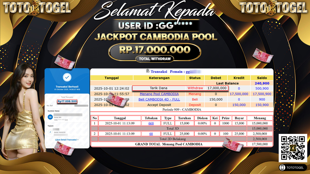 Bukti Pembayaran Jackpot Permainan Togel Pool Cambodia ID:GG*** LUNAS