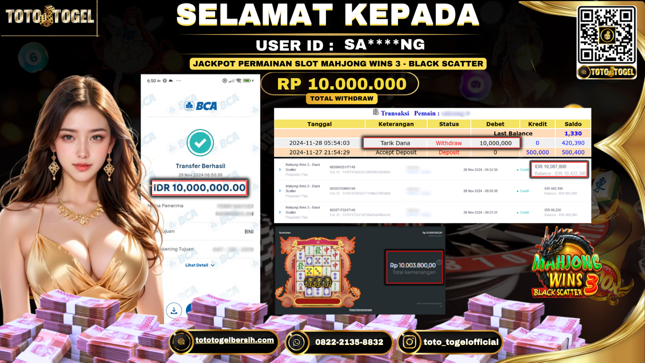 Bukti Pembayaran Jackpot Permainan Slot Mahjong Wins 3 - Black Scatter ID: SA****NG LUNAS 