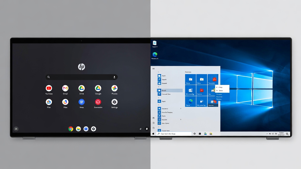 Split screen showing HP Chromebook Plus interface alongside Acer Aspire 3 Windows desktop for comparison