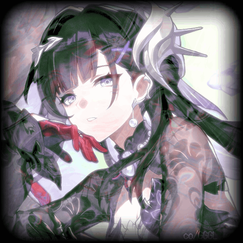 gif of an edited image of hysilens relaxedly looking at the viewer with blurring on the sides and water gif overlay