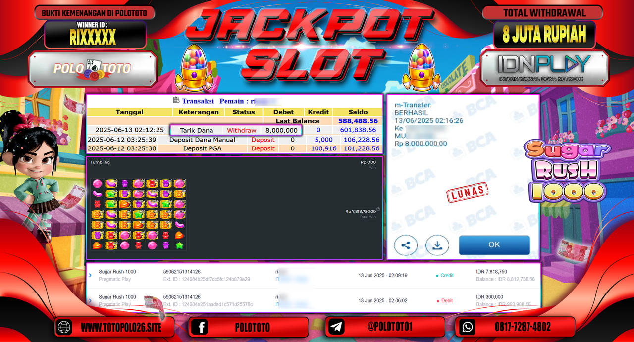 POLOTOTO JACKPOT SLOT SUGAR RUSH 1000 Rp.8.000.000,-