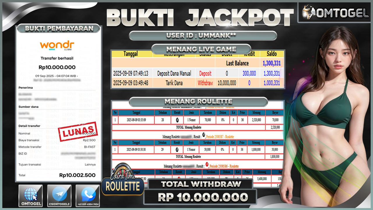 OMTOGEL JACKPOT LIVE GAMES ROULETTE 10 JUTA DI BAYAR LUNAS ,-