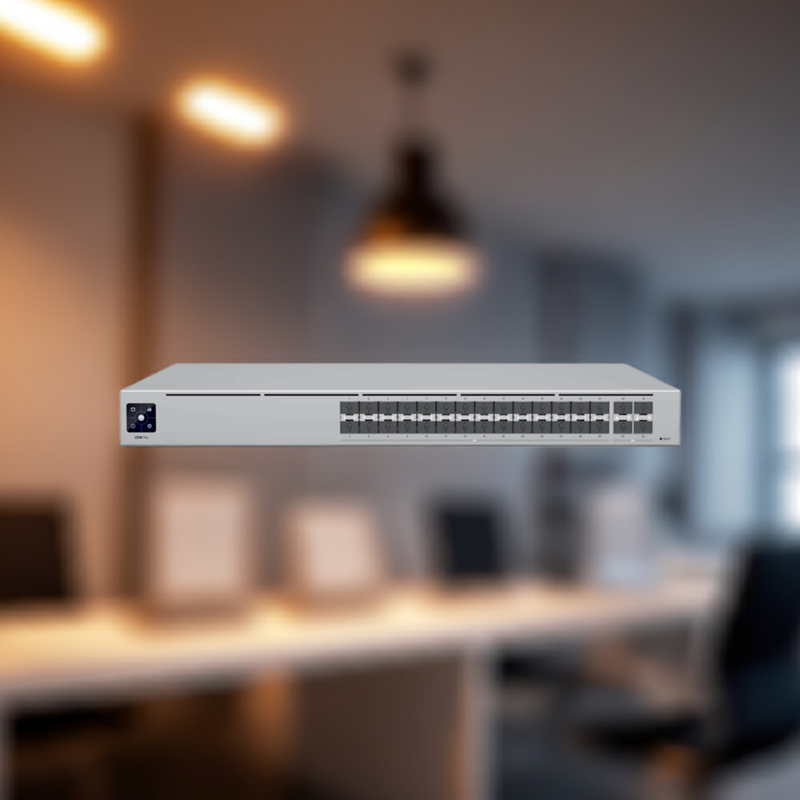 Close-up das 4 portas SFP28 de 25 Gbps