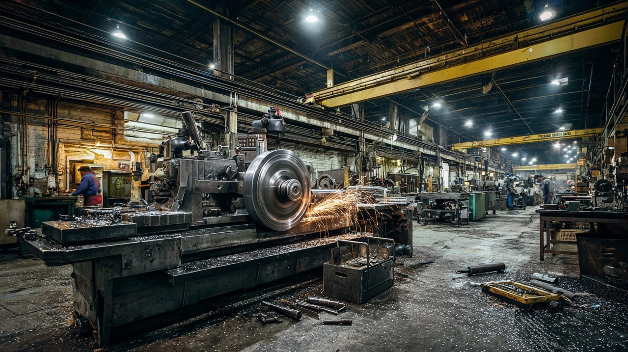 Общий вид токарного станка по металлу в рабочем цехе