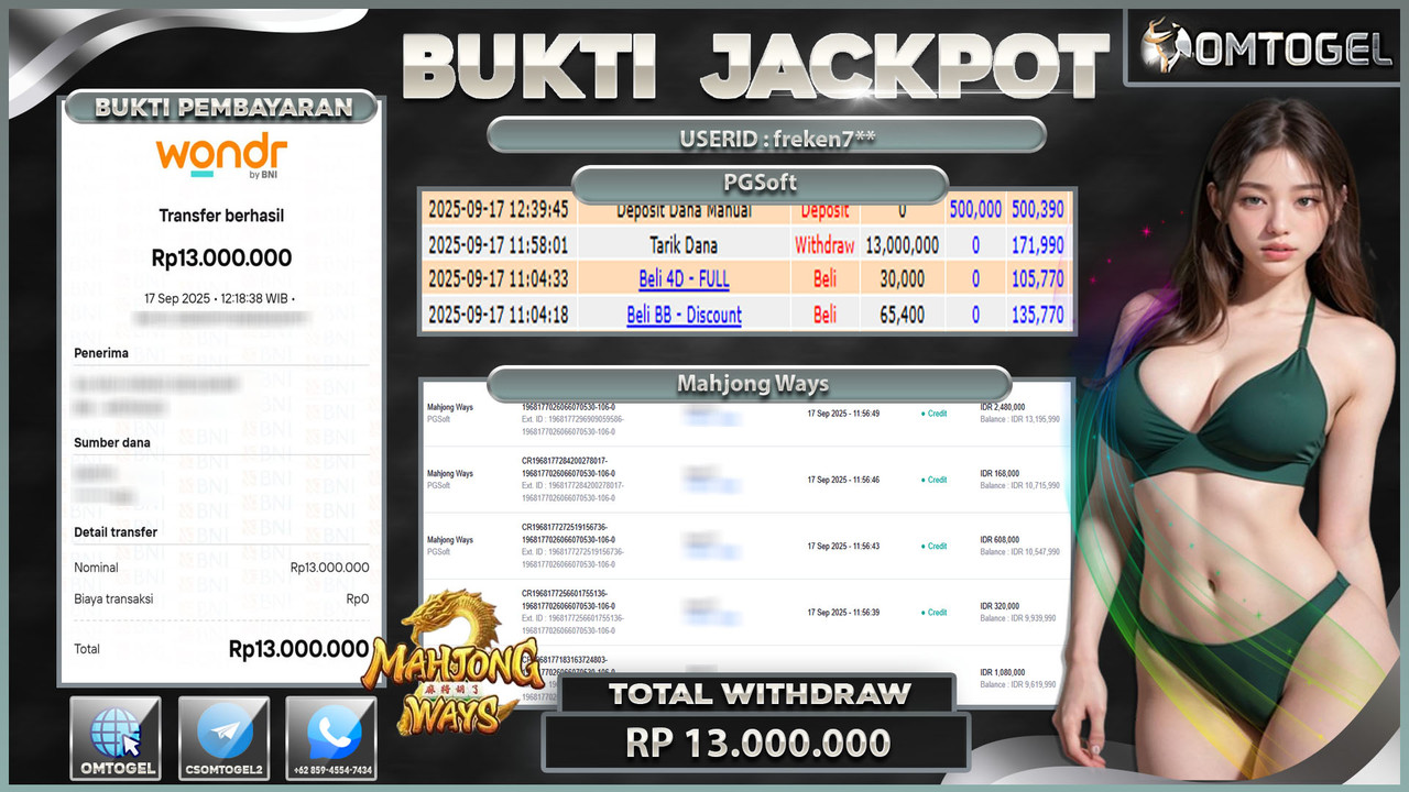 OMTOGEL JACKPOT PGSOFT MAHJONG WAYS 13 JUTA DI BAYAR LUNAS ,-