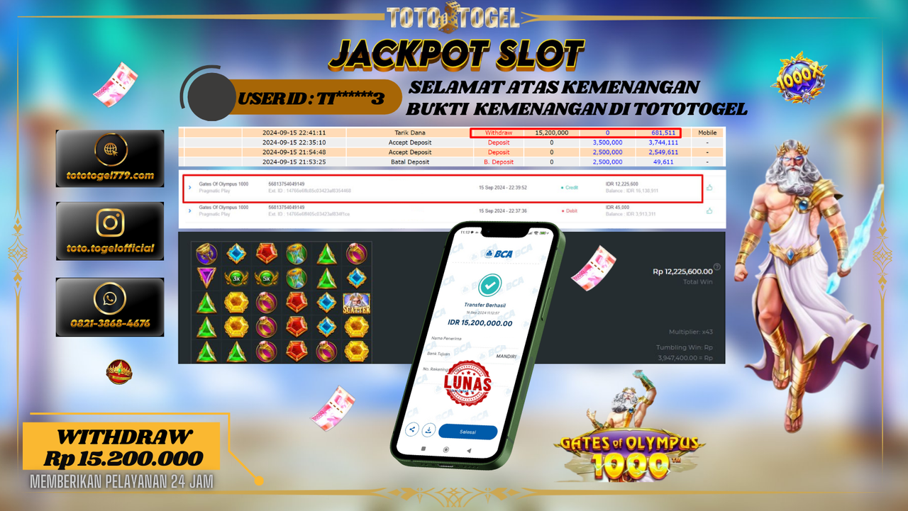 Bukti Kemenangan Permainan Slot Gates Of Olympus 1000 Dengan ID : TI*****3 Terbayar Lunas!!