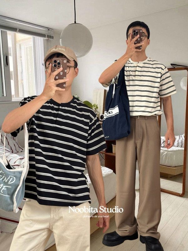 Áo thun henley tay ngắn sọc 8433
