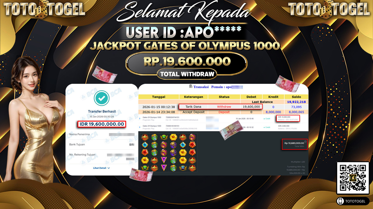 Bukti Pembayaran Jackpot Permainan Slot Gates Of Olympus 1000 ID:APO*****LUNAS